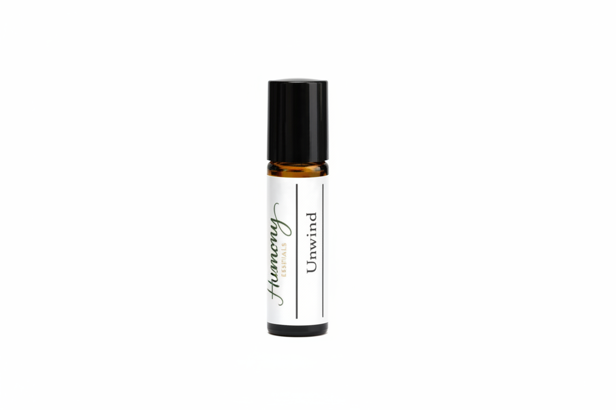 Roll-on bottle labeled 'Unwind' with 'Harmony' branding on a white background