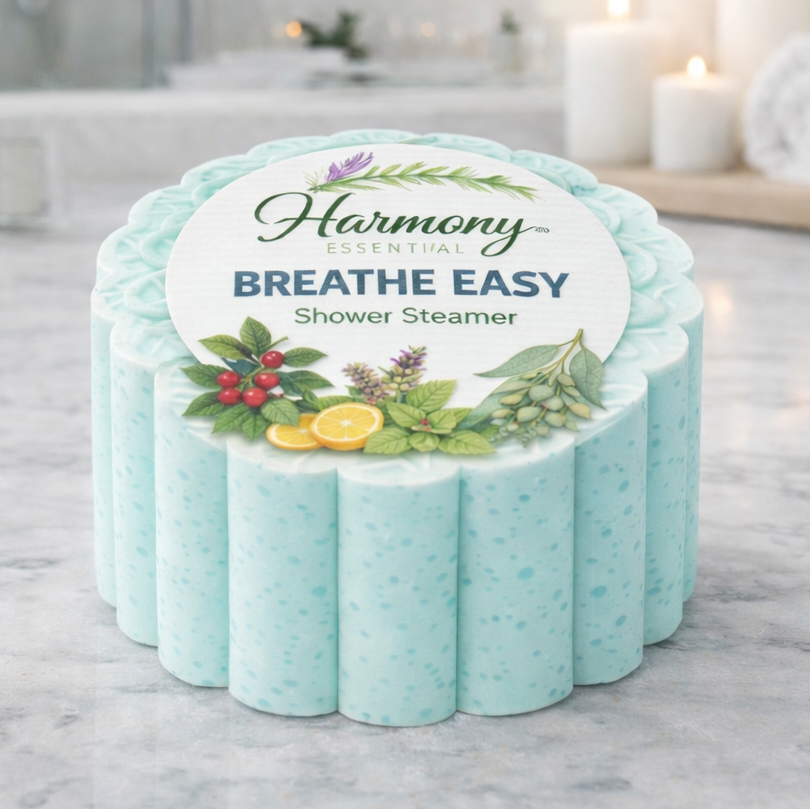 Harmony Essential Oils shower steamer on a marble surface with a bathroom background.