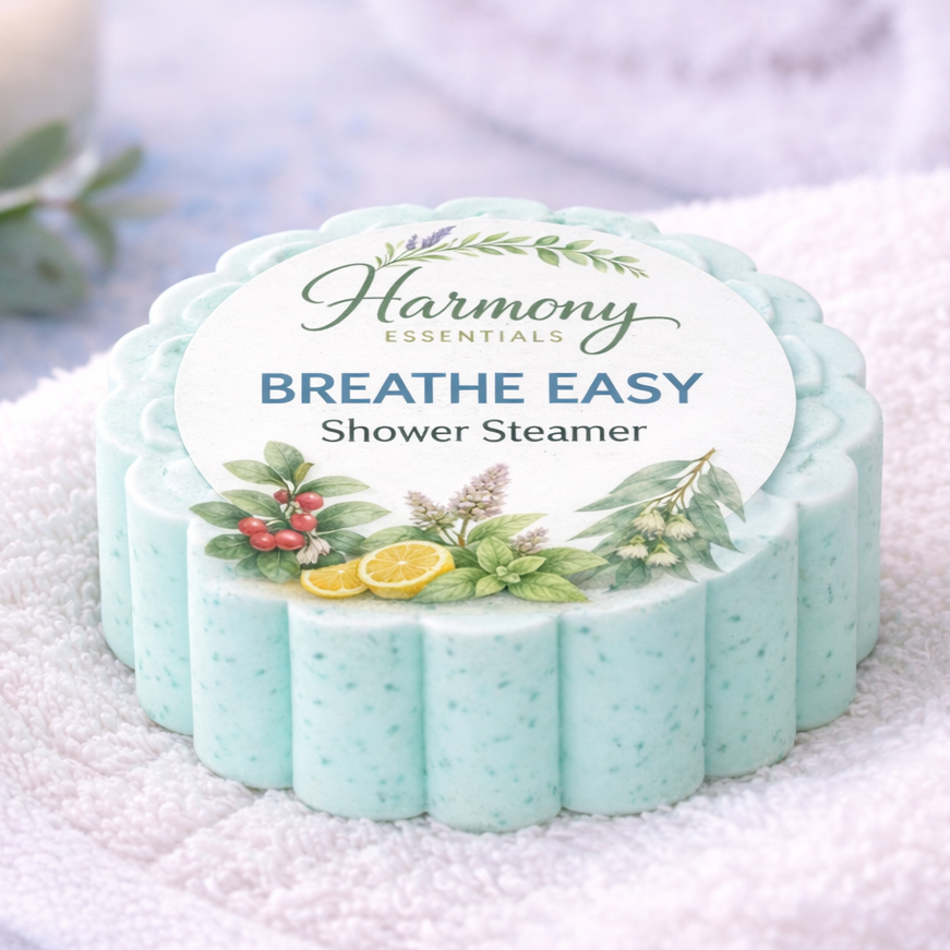 Harmony Essentials shower steamer on a towel with eucalyptus leaves in the background