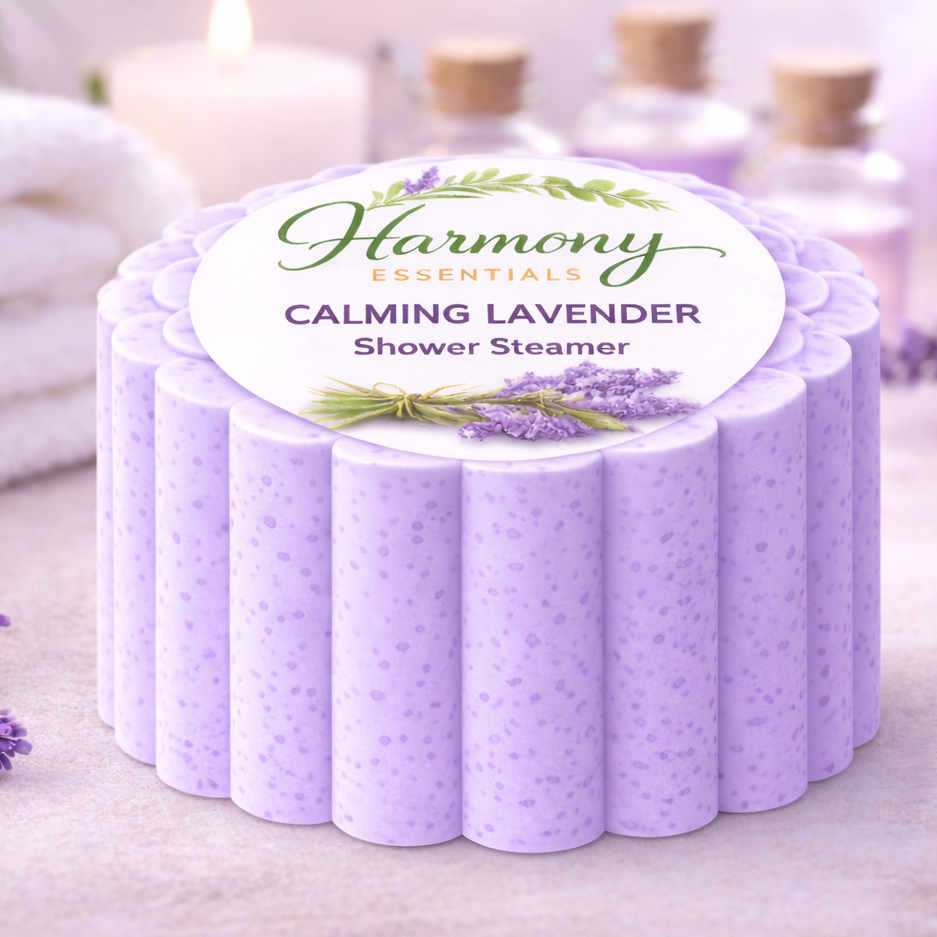 Lavender shower steamer with 'Harmony Essentials' label on a light background with lavender flowers and towels.