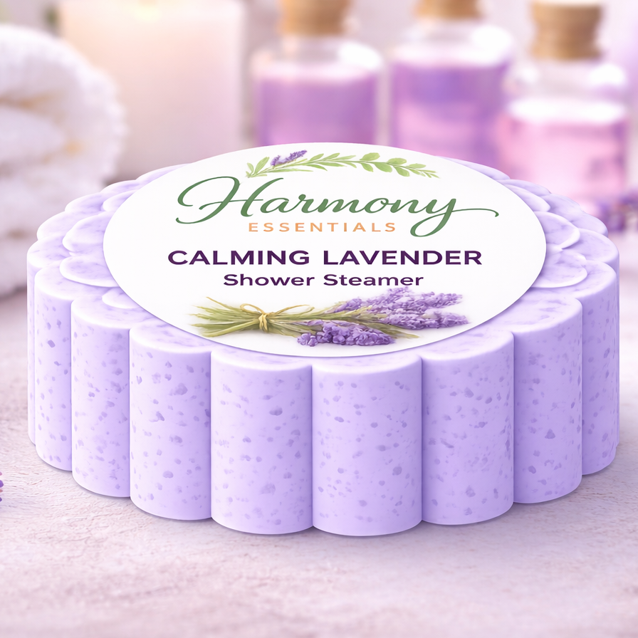 Small Harmony Essentials Calming Lavender Shower Steamer with lavender flowers and towels in the background