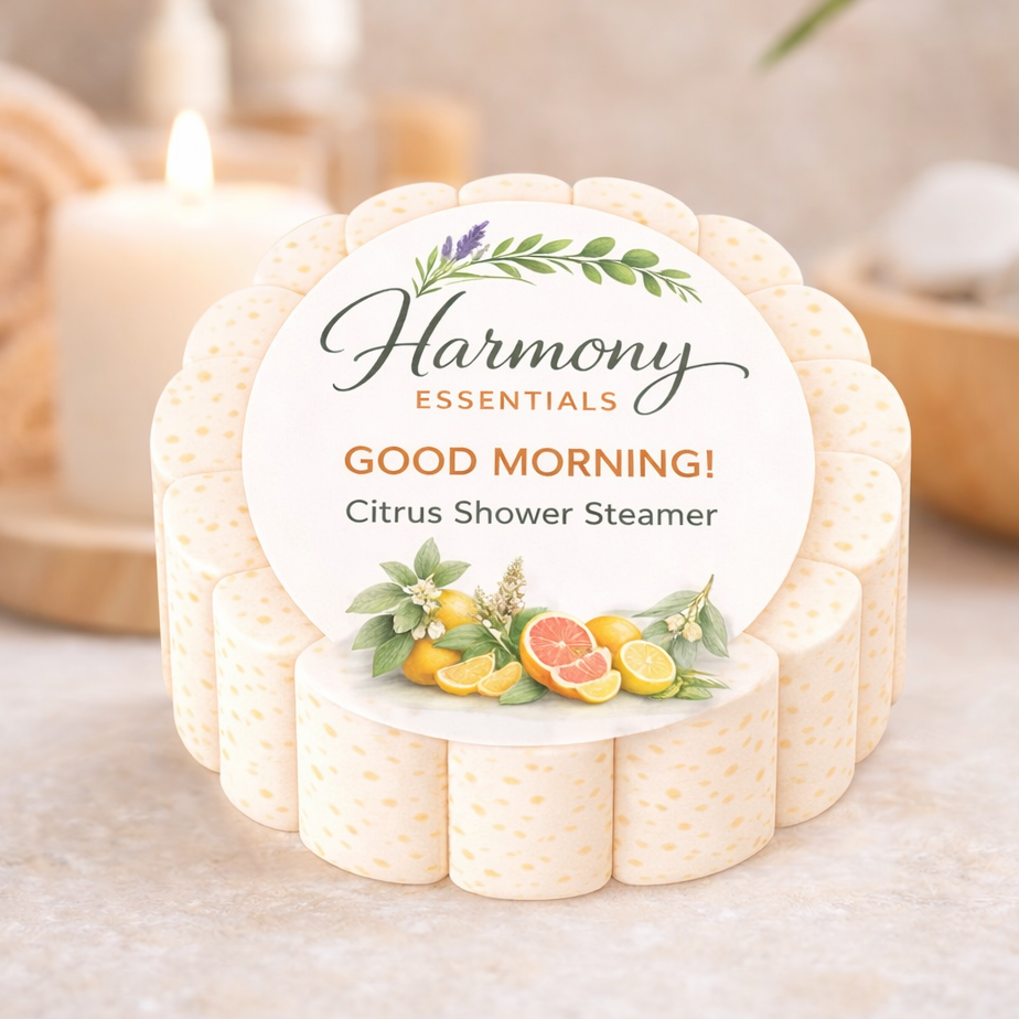Citrus shower steamer with 'Harmony Essentials' label on a bathroom counter.
