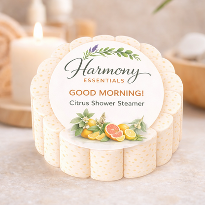 Citrus shower steamer with 'Harmony Essentials' label on a bathroom counter.