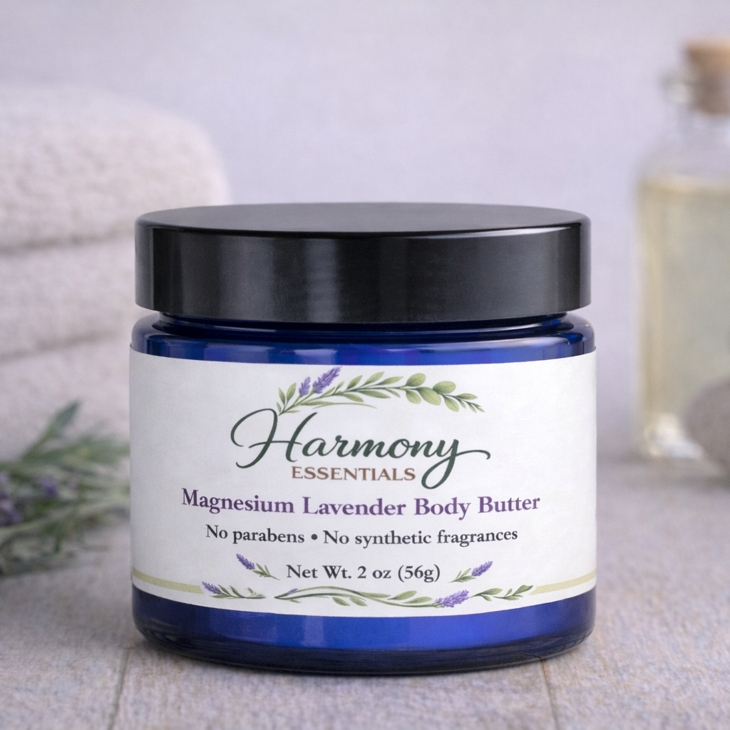 Jar of Harmony Essentials magnesium lavender body butter on a neutral background with lavender flowers and stones.